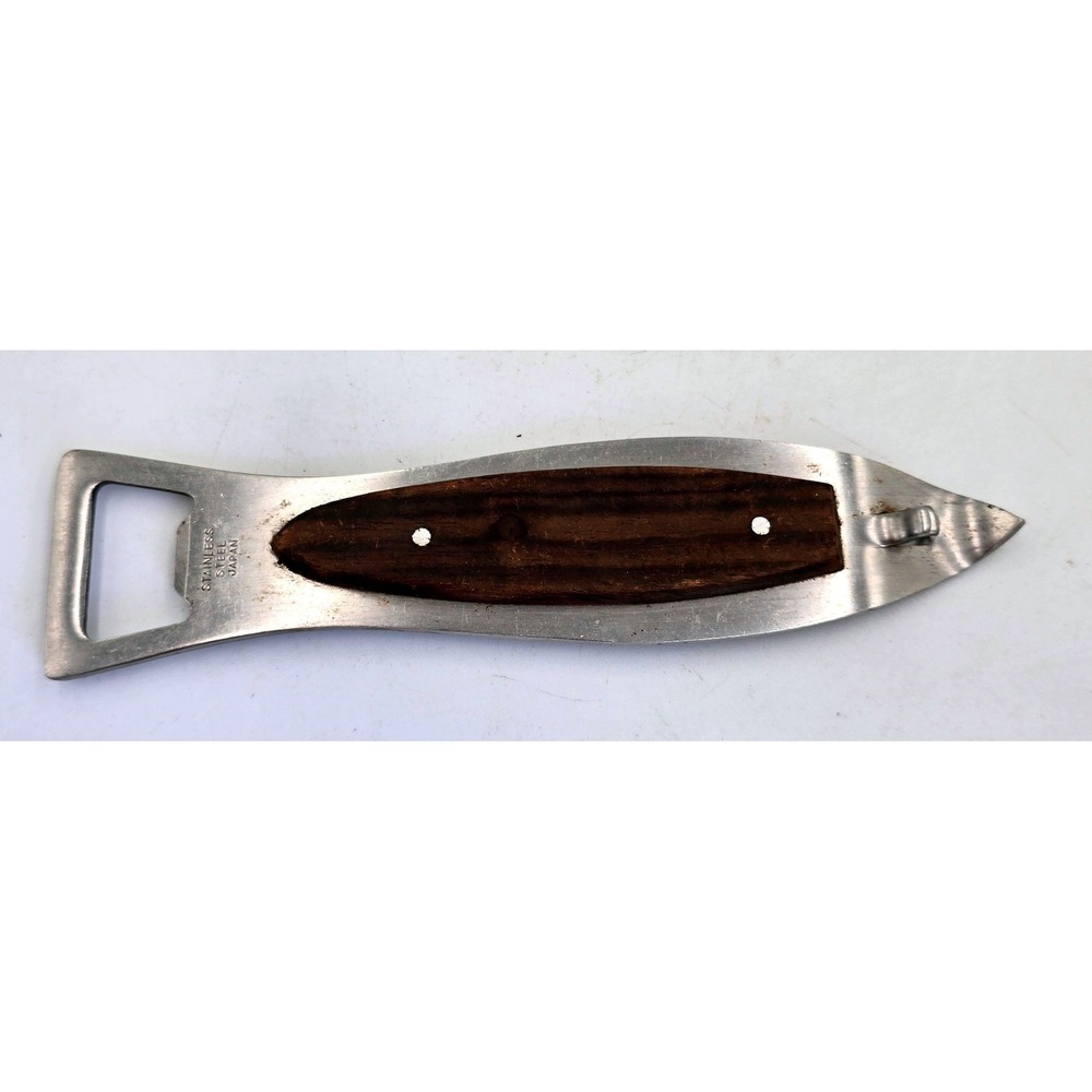 Vintage Stainless Steel Wood Inlay Bottle Opener Can Piercer Fish Shaped Japan